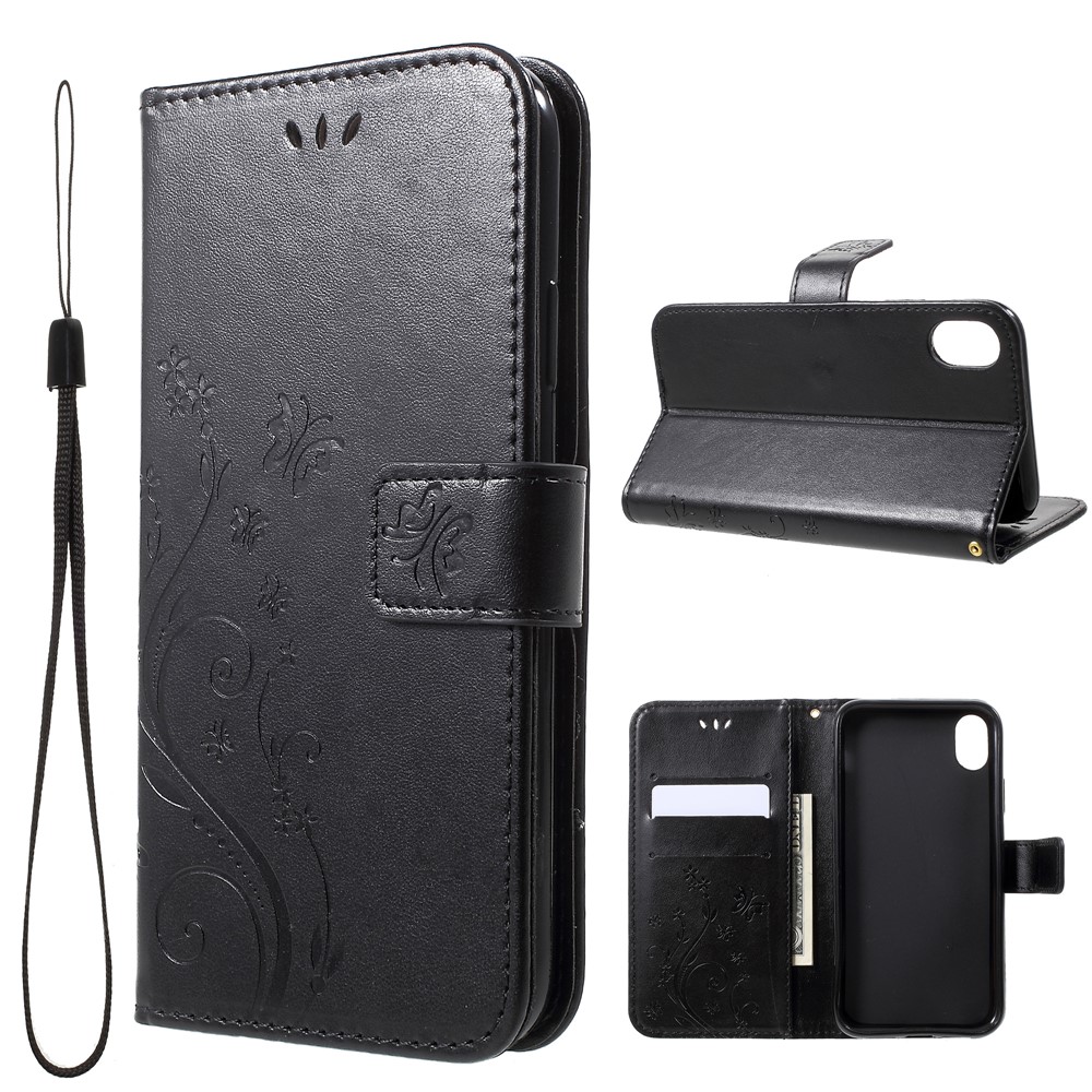 Imprima El Caso De Cuero De La Cartera Del Soporte De La Flor De Mariposa Para El Iphone 9 - Negro-1