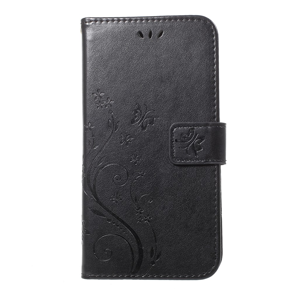 Imprima El Caso De Cuero De La Cartera Del Soporte De La Flor De Mariposa Para El Iphone 9 - Negro-2