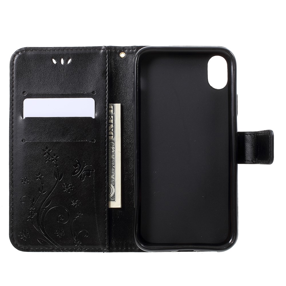Imprima El Caso De Cuero De La Cartera Del Soporte De La Flor De Mariposa Para El Iphone 9 - Negro-5