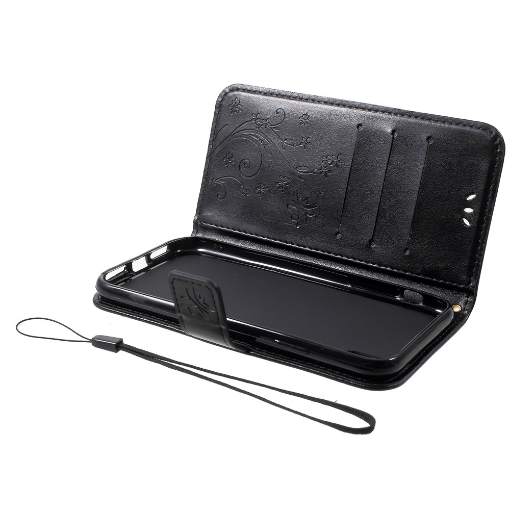 Imprima El Caso De Cuero De La Cartera Del Soporte De La Flor De Mariposa Para El Iphone 9 - Negro-6