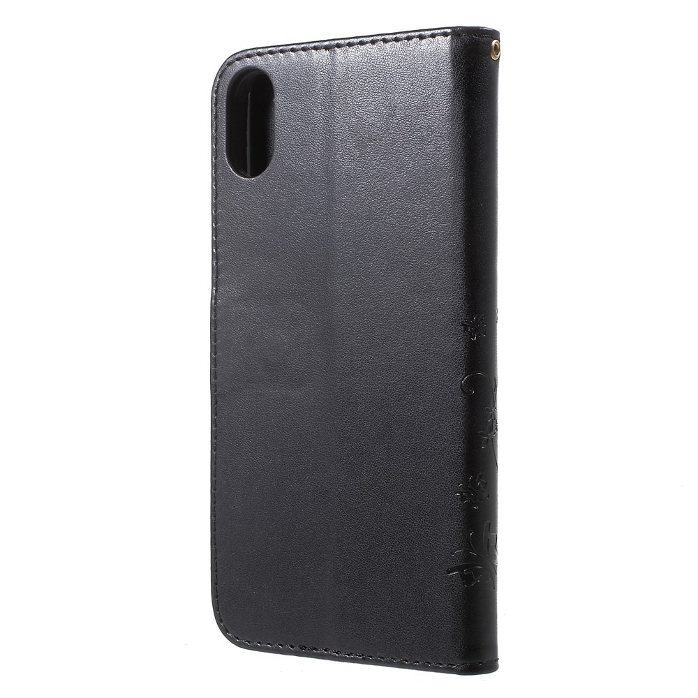 Para Iphone XS Max 6.5 Pulgadas Impresión de Mariposa Flower Flower Billet de Cuero Con Correa - Negro