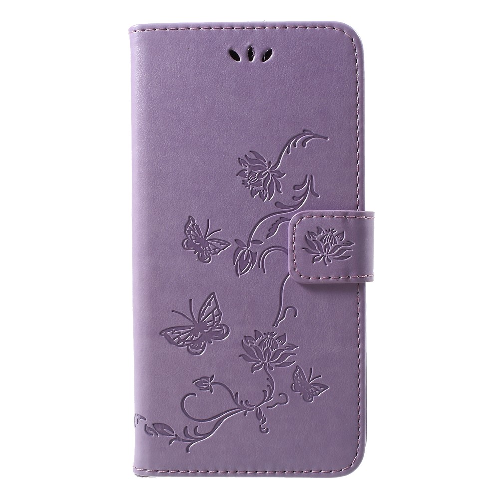 For iPhone XR 6.1 inch Imprint Butterfly Flower Wallet Stand Leather Mobile Shell - Light Purple-1