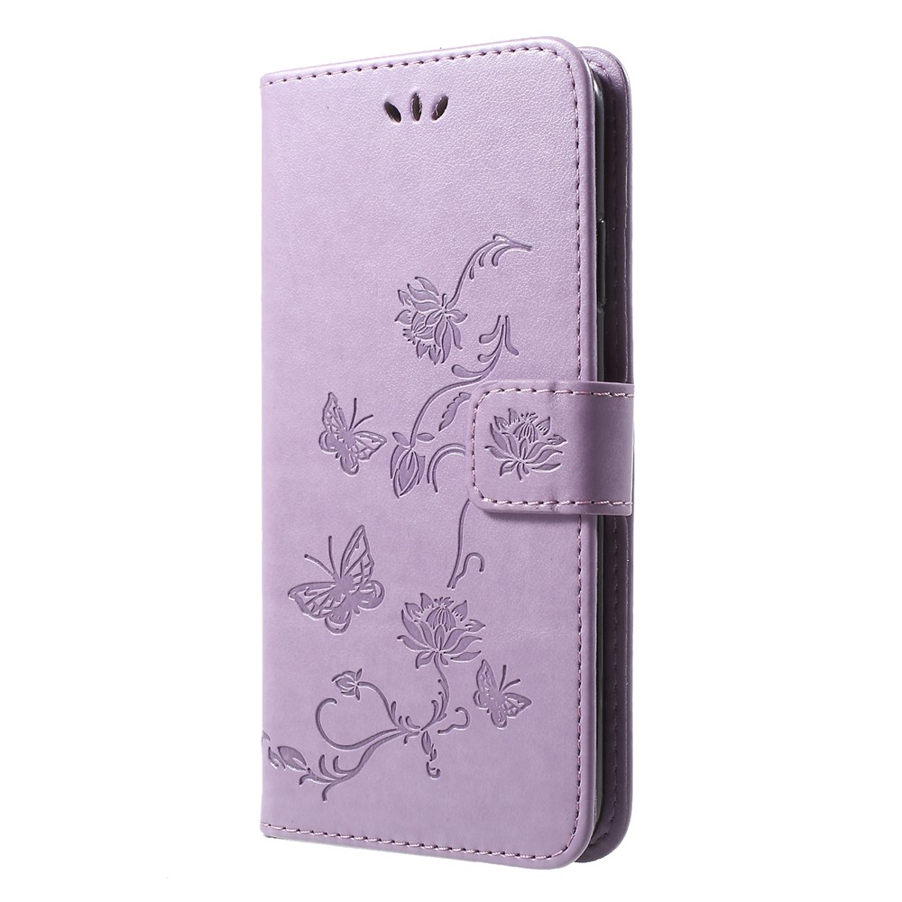 For iPhone XR 6.1 inch Imprint Butterfly Flower Wallet Stand Leather Mobile Shell - Light Purple-3