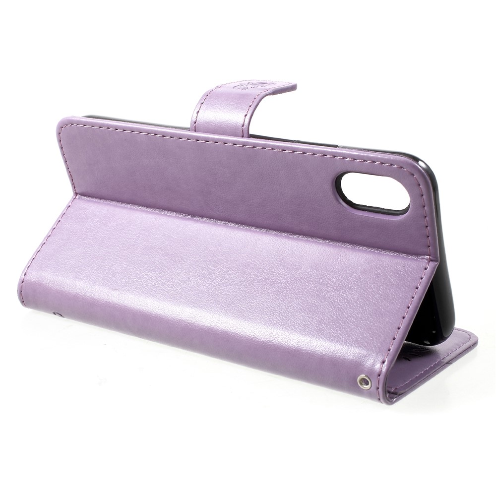 For iPhone XR 6.1 inch Imprint Butterfly Flower Wallet Stand Leather Mobile Shell - Light Purple-4
