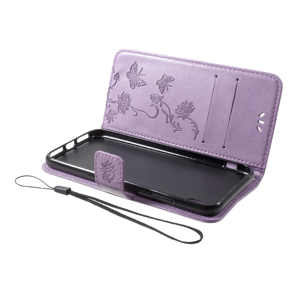 For iPhone XR 6.1 inch Imprint Butterfly Flower Wallet Stand Leather Mobile Shell - Light Purple-5