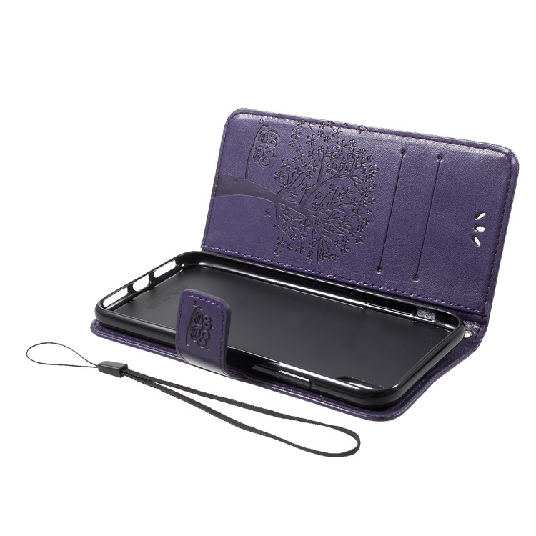 For iPhone 9 Imprint Tree Owl Wallet Stand Leather Phone Casing Shell - Dark Purple-5