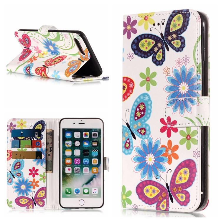 

Pattern Printing Magnetic Leather Stand Cover for iPhone 8 Plus / 7 Plus - Butterfly and Flowers, iPhone 8 Plus