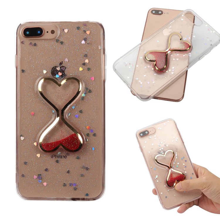 

For iPhone 8 Plus / 7 Plus Dynamic Glittery Powder Double-heart Quicksand Epoxy PC TPU Combo Phone Cover - Red