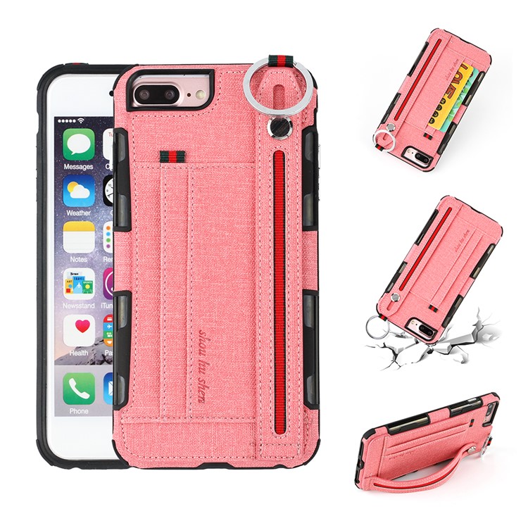

SHOUHUSHEN Card Holder Cloth Coated PC TPU Hybrid Shell for iPhone 8 Plus/7 Plus/6s Plus/6 Plus - Pink