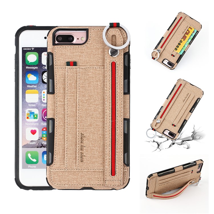 

SHOUHUSHEN Card Holder Cloth Coated PC TPU Hybrid Phone Cover for iPhone 8 Plus/7 Plus/6s Plus/6 Plus - Khaki