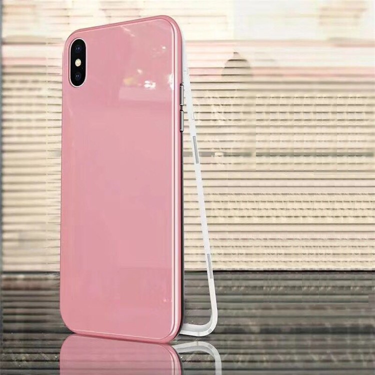 

Для Iphone X Выпечки Закончить Магнитное Притяжение Пластиковая Рамка + Закаленное Стекло Задний Сотовый Телефон Случай - Розовый