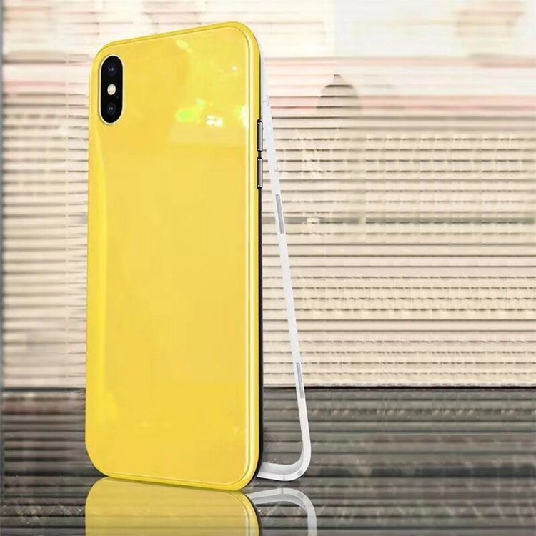 

Для Iphone X Выпечки Закончить Магнитное Притяжение Пластиковая Рамка + Закаленное Стекло Назад Мобильная Оболочка - Желтый