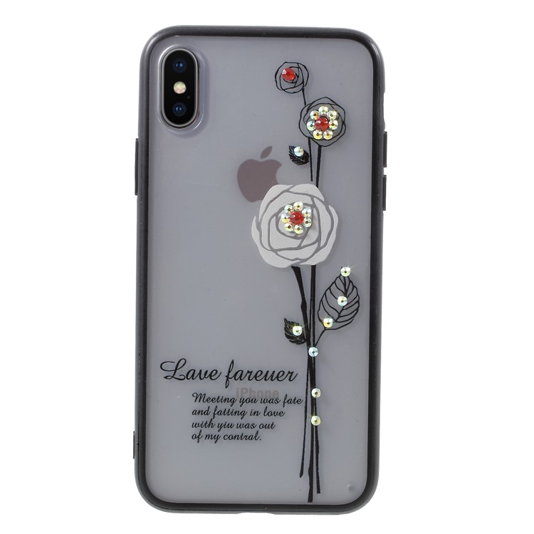 

Embossing Rhinestone Decor PC TPU Hybrid Phone Casing for iPhone X - Beige Rose
