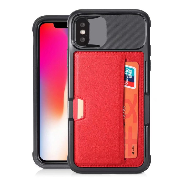 

Crazy Horse PU Leather Coated PC TPU Hybrid Phone Card Holder Cover with Kickstand(Built-in Magnetic Holder Metal Sheet) for iPhone X - Red