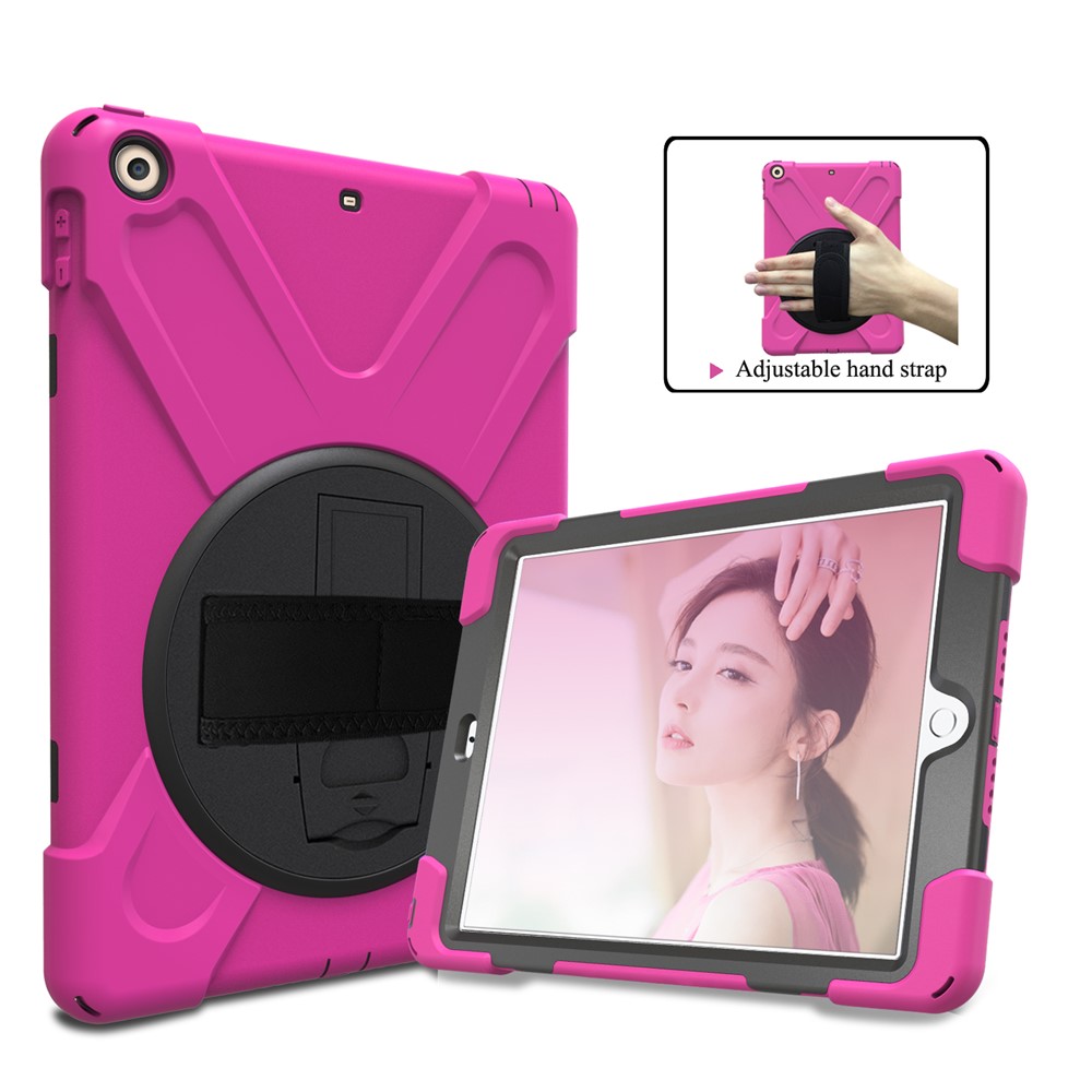 

For iPad 9.7 (2018)/9.7 (2017) X-Shape 360 Degree Swivel PC + TPU Combo Kickstand Protective Shell with Hand Holder Strap - Rose, iPad 9.7 (2018)