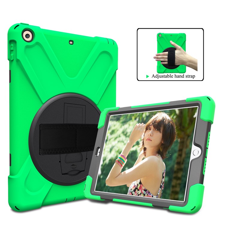

For iPad 9.7 (2018)/9.7 (2017) X-Shape 360 Degree Swivel PC + TPU Combo Kickstand Tablet Cover with Hand Holder Strap - Green, iPad 9.7 (2018)