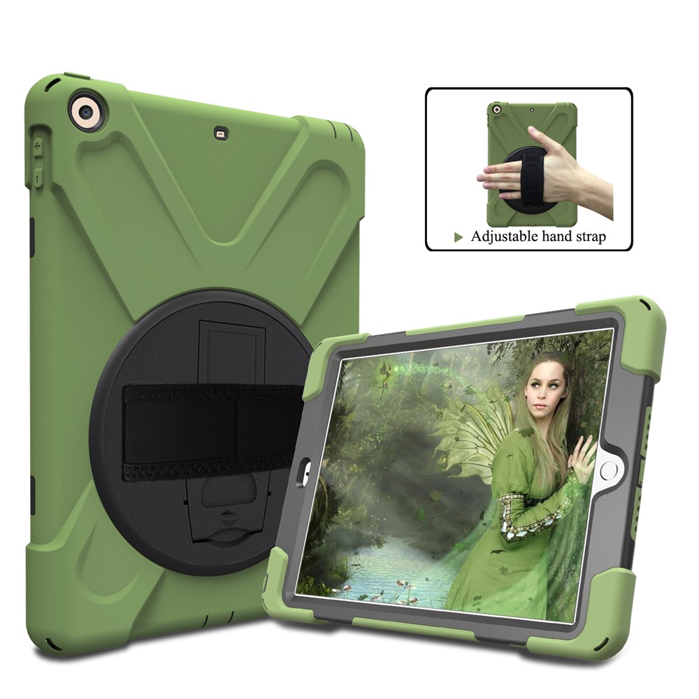 

For iPad 9.7 (2018)/9.7 (2017) X-Shape 360 Degree Swivel PC + TPU Combo Kickstand Tablet Shell with Hand Holder Strap - Army Green, iPad 9.7 (2018)