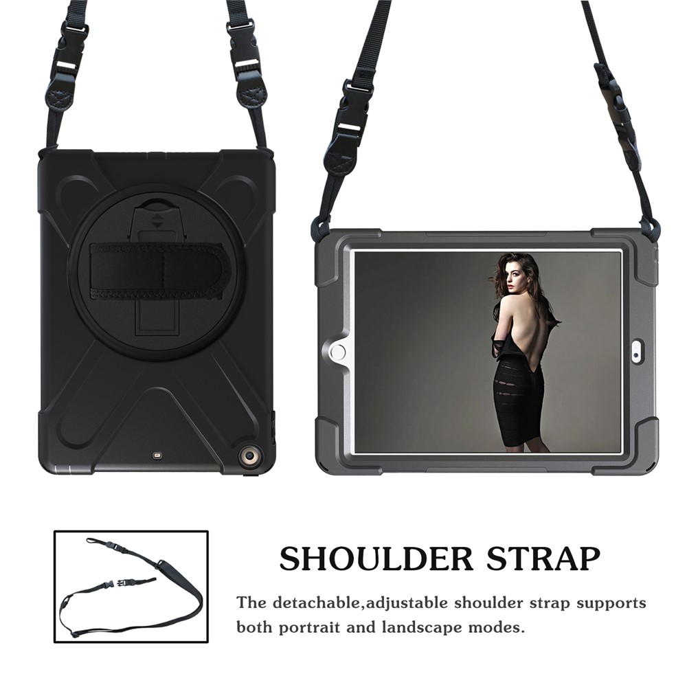 Para Ipad 9.7 (2018) /9.7 (2017) X-forma Giratoria De 360 grados PC + TPU Combo Pata De Cabra Con Correa De Mano Y Correa Para El Hombro - Todo Negro-2