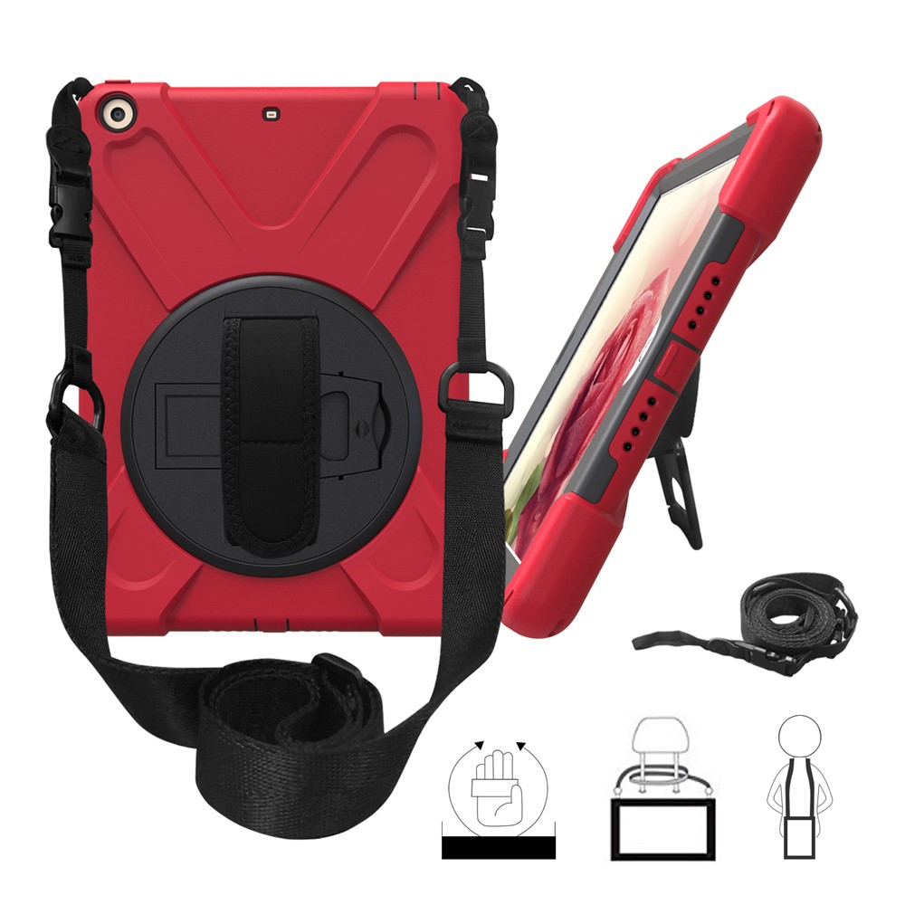 Для ipad 9.7 (2018) /9.7 (2017) x-shape 360-градусный поворотный пк + tpu комбинированный защитный кожух с подставкой для рук и плечевым ремнем - красный