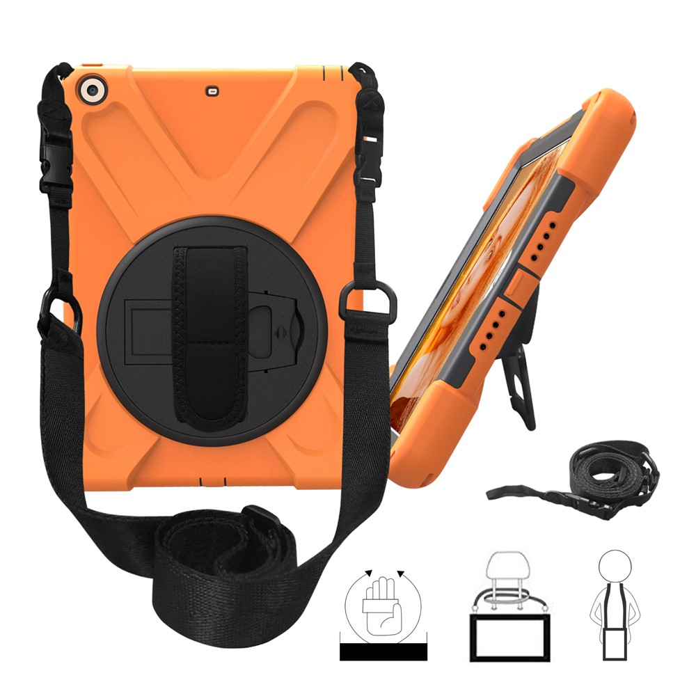 For iPad 9.7 (2018) / 9.7 (2017) X-Shape Anti-drop 360 Degree Swivel PC + TPU Combo Kickstand Case with Shoulder Strap - Orange
