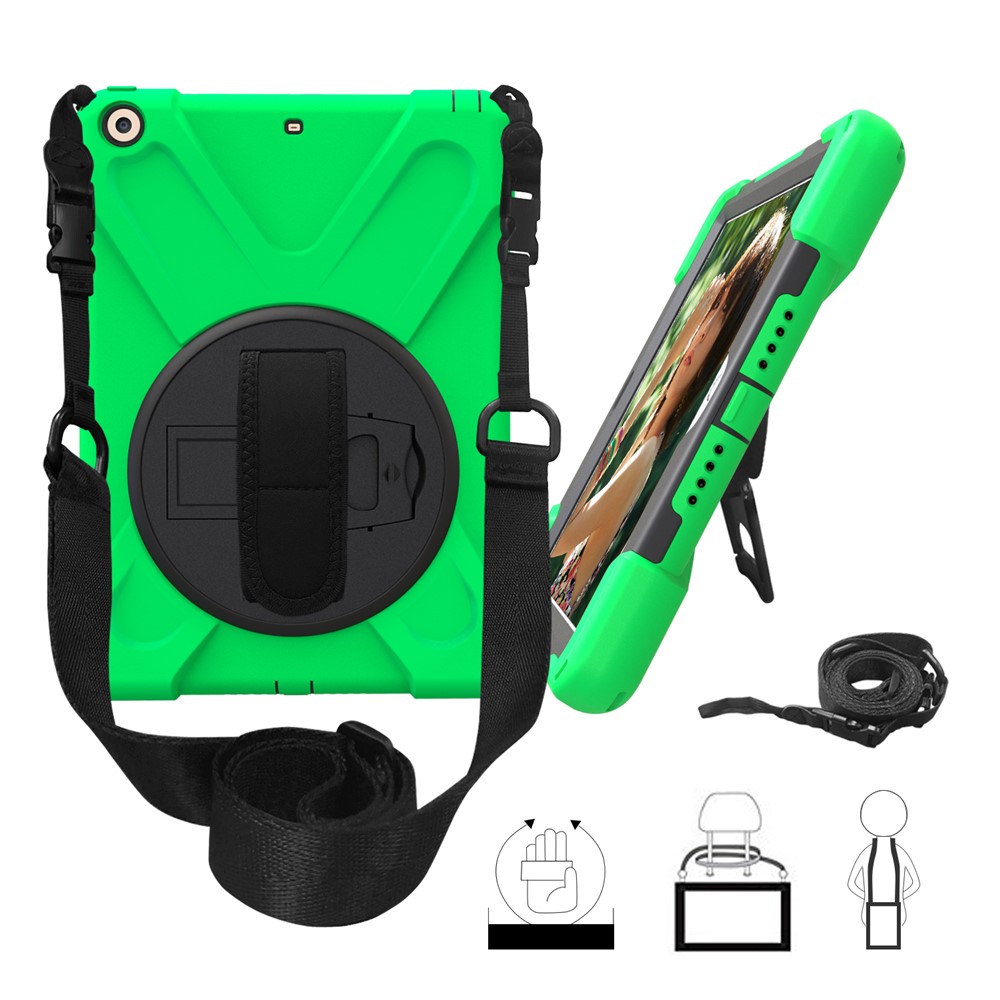 For iPad 9.7 (2018) / 9.7 (2017) X-Shape Anti-drop 360 Degree Swivel PC + TPU Combo Kickstand Cover with Shoulder Strap - Green