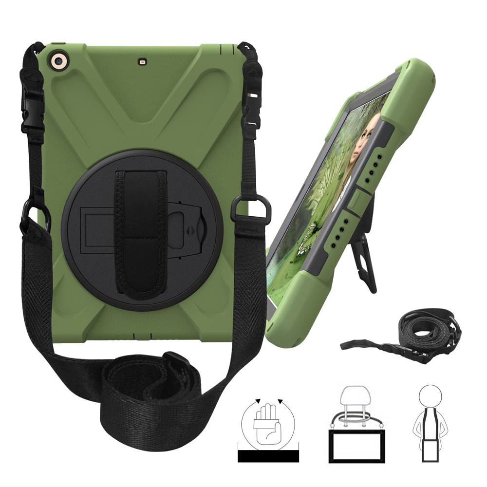 For iPad 9.7 (2018) / 9.7 (2017) X-Shape Anti-drop 360 Degree Swivel PC + TPU Combo Kickstand Shell with Shoulder Strap - Army Green
