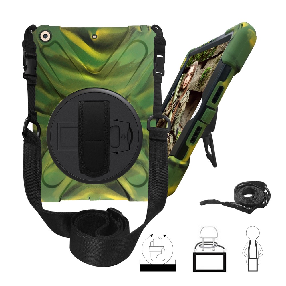 For iPad 9.7 (2018) / 9.7 (2017) X-Shape Anti-drop 360 Degree Swivel PC + TPU Combo Kickstand Casing with Shoulder Strap - Camouflage