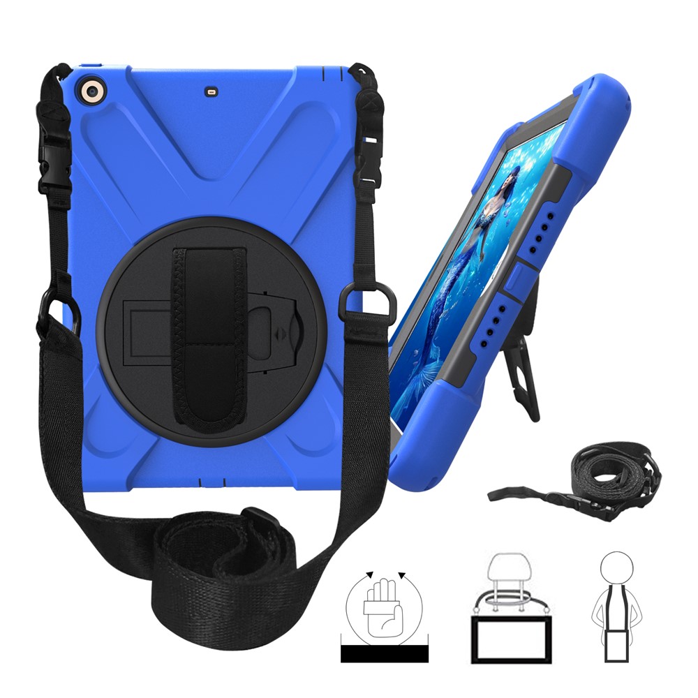 X-Shape 360 Degree Swivel PC + TPU Combo Kickstand Cover with Shoulder Strap for iPad 9.7 (2018) / 9.7 (2017) - Dark Blue