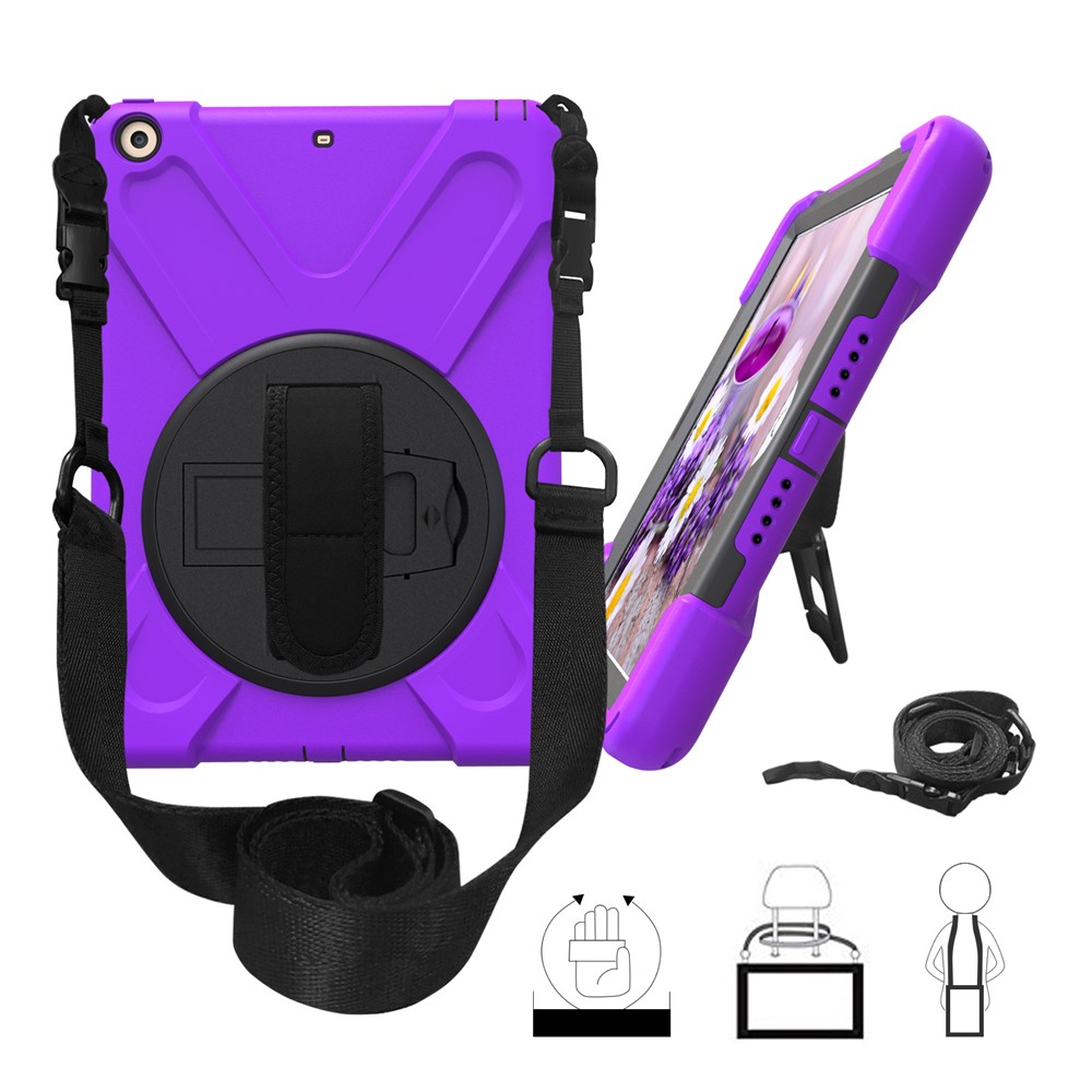 X-Shape 360 Degree Swivel PC + TPU Combo Kickstand Case with Shoulder Strap for iPad 9.7 (2018) / 9.7 (2017) - Purple