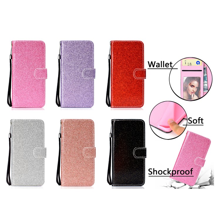 Glitter Powder Wallet Stand PU Leather Mobile Casing for iPhone 9 Plus - Black-11