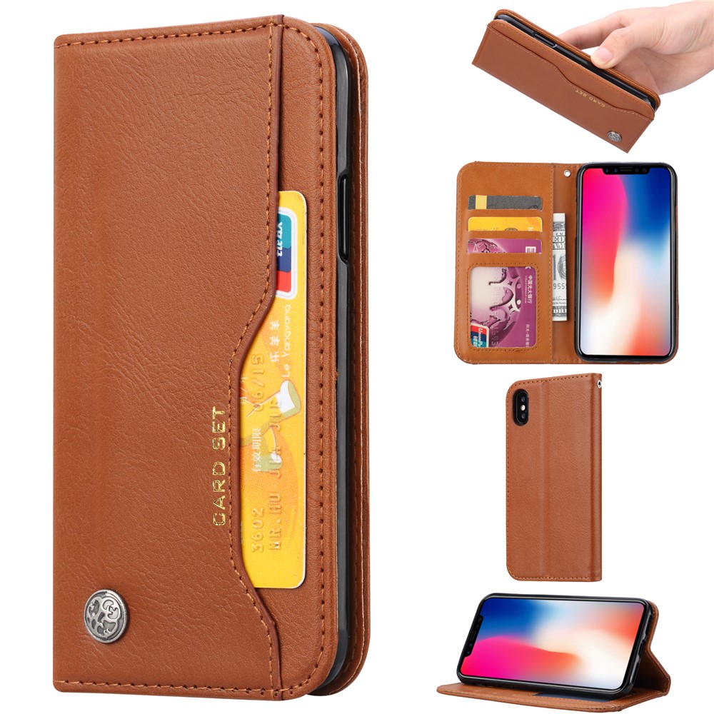 Auto-absorvido PU Couro Stand Carteira Protetora Capa Case Para Iphone 9 Plus - Castanho-1