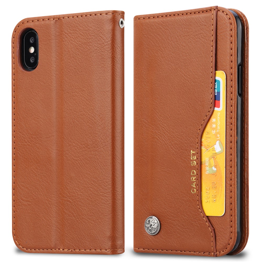 Auto-absorvido PU Couro Stand Carteira Protetora Capa Case Para Iphone 9 Plus - Castanho-2