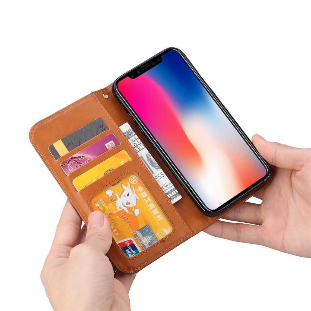 Auto-absorvido PU Couro Stand Carteira Protetora Capa Case Para Iphone 9 Plus - Castanho-8