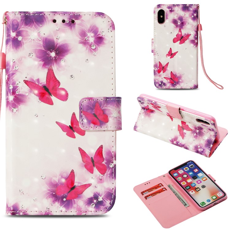 

Pattern Printing Stand Wallet Leather Cell Phone Cover for iPhone XS Max 6.5 inch - Butterflies and Purple Flowers
