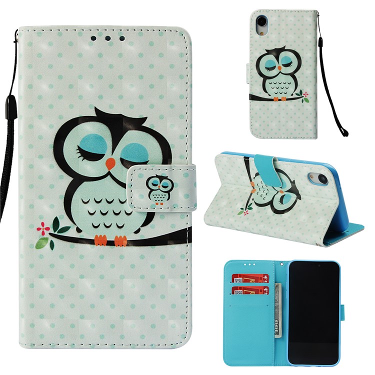 

Patterned Light Spot Decor Stand Leather Wallet Protective Cover for iPhone XR 6.1-inch - Sleeping Owl