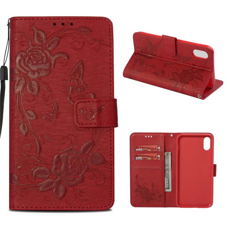 

Imprint Butterfly Flower Leather Wallet Case Cover for iPhone XS Max 6.5 inch - Red