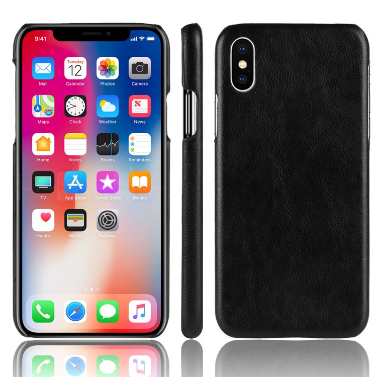Litchi Skin Leather Coated Hard Plastic Case for iPhone 9 - Black-1