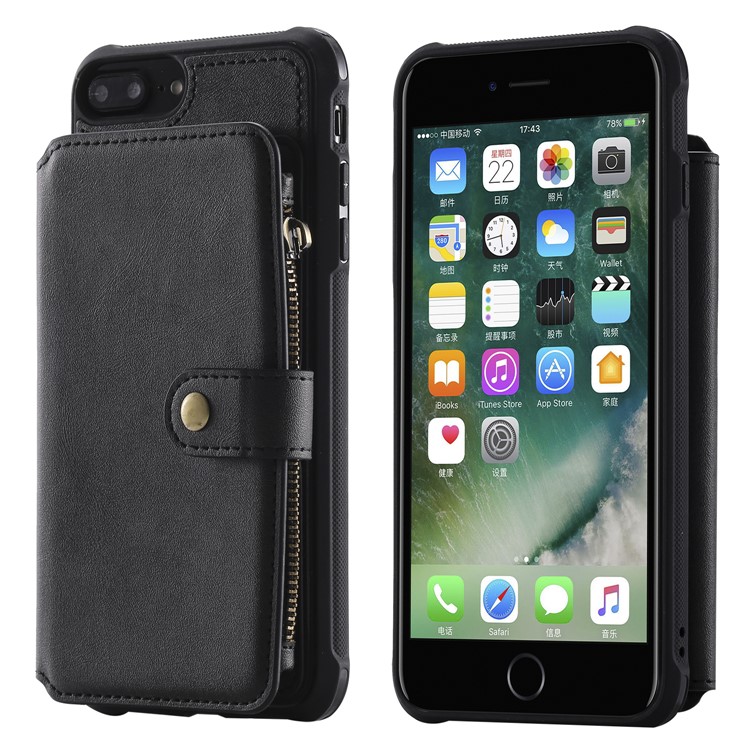 

Multi-functional Zipper Wallet Leather Coated TPU Phone Case for iPhone 8 Plus / 7 Plus / 6s Plus / 6 Plus - Black