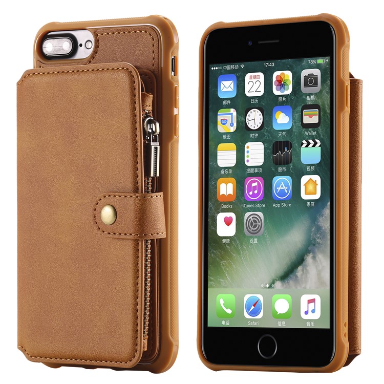 

Multi-functional Zipper Wallet Leather Coated TPU Mobile Casing for iPhone 8 Plus / 7 Plus / 6s Plus / 6 Plus - Brown