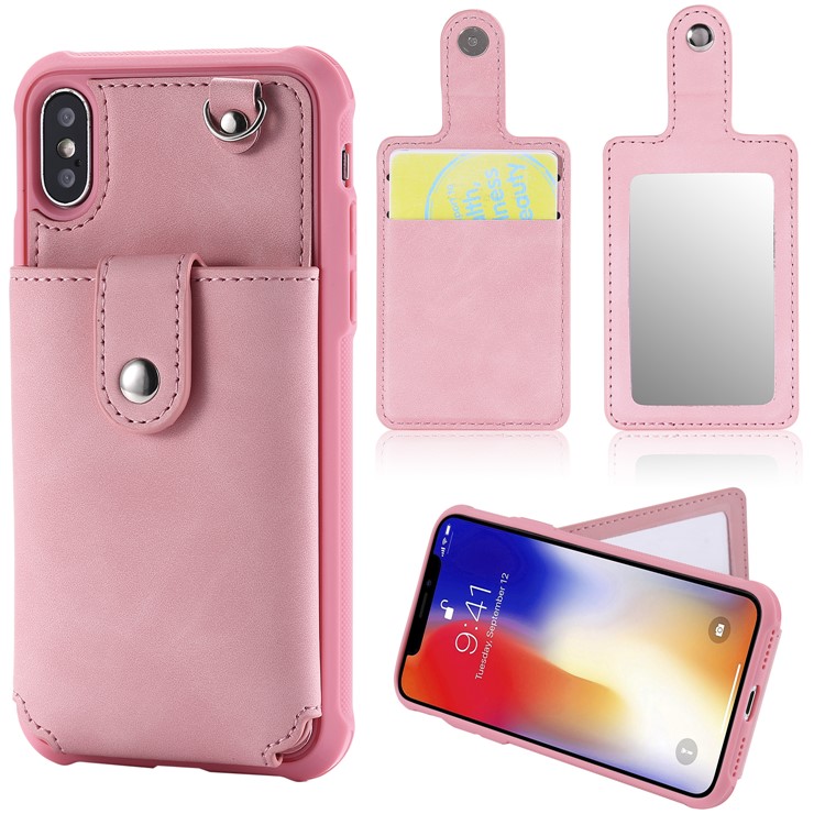 

PU Leather Coated TPU Card Holder Mirror Back Cover for iPhone XS / X 5.8 inch - Pink