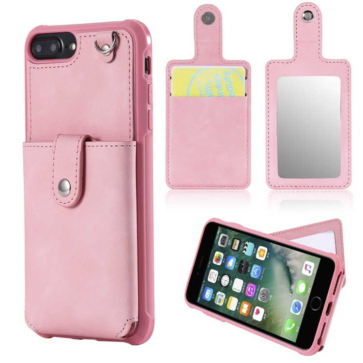 

Card Holder Leather Coated TPU Mobile Phone Shell with Mirror and Hand Strap for iPhone 8 Plus / 7 Plus / 6s Plus / 6 Plus 5.5 inch - Pink