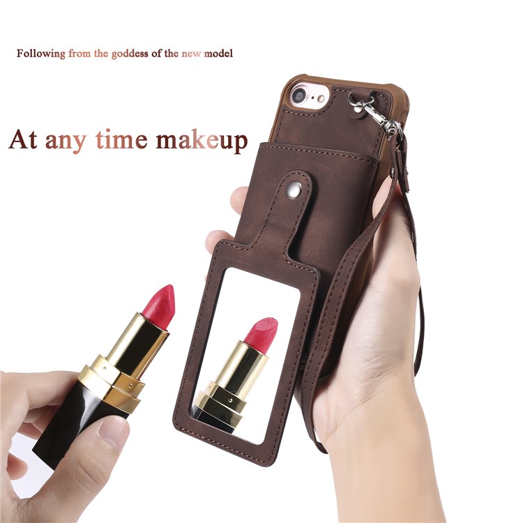 Card Holder Leather Coated TPU Mirror Cell Phone Case Accessory for iPhone 8 / 7 4.7 inch - Coffee-12