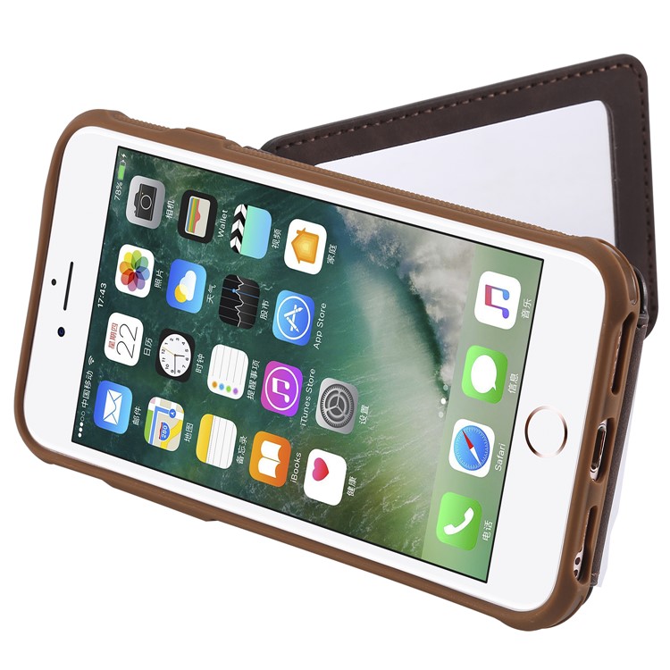 Card Holder Leather Coated TPU Mirror Cell Phone Case Accessory for iPhone 8 / 7 4.7 inch - Coffee-5