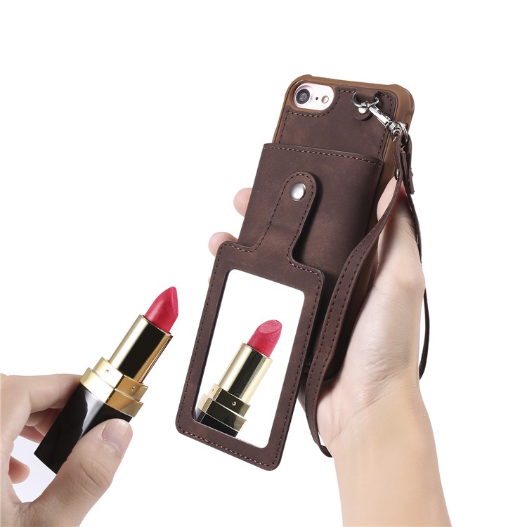 Card Holder Leather Coated TPU Mirror Cell Phone Case Accessory for iPhone 8 / 7 4.7 inch - Coffee-8