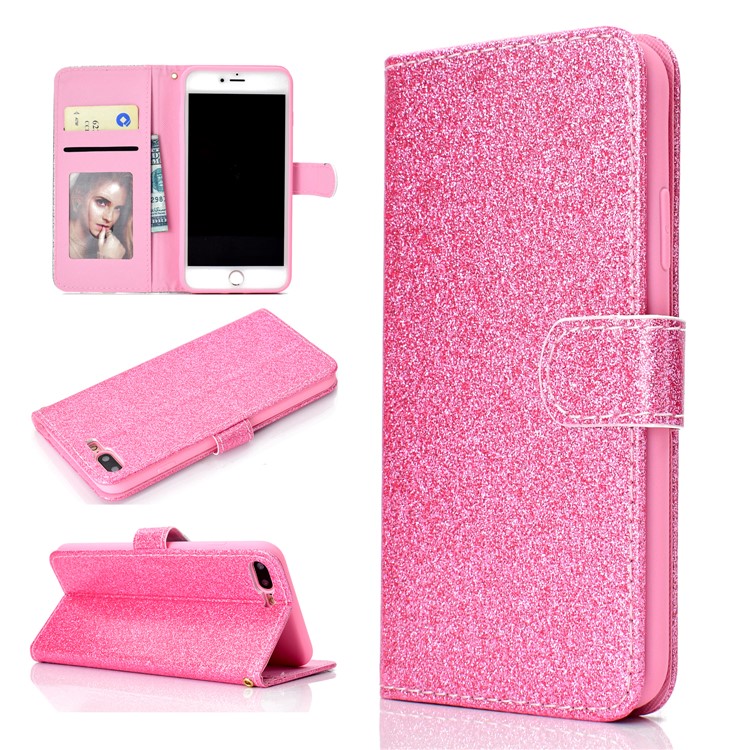 

Flash Powder Stand Wallet Leather Phone Case for iPhone 8 Plus / 7 Plus 5.5 inch - Pink, iPhone 8 Plus 5.5 inch