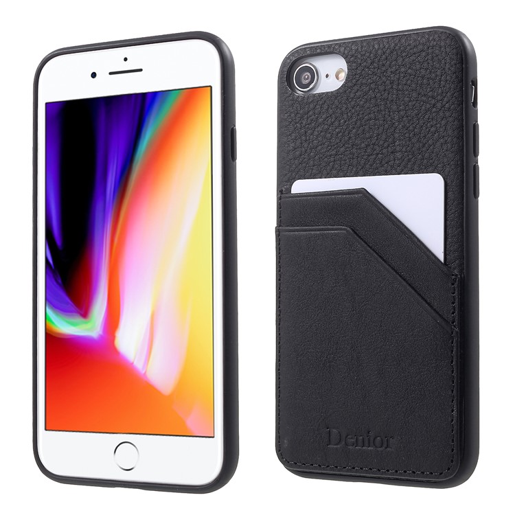 

DENIOR Genuine Leather Skin TPU Card Holder Back Case for iPhone 8 / 7 4.7 inch - Black