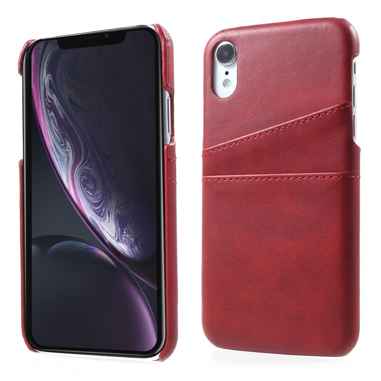 Slots De Cartão Duplo De Couro PU Revestido PC Hard Case Para Iphone 9 De 6,1 Polegadas - Vermelho-1