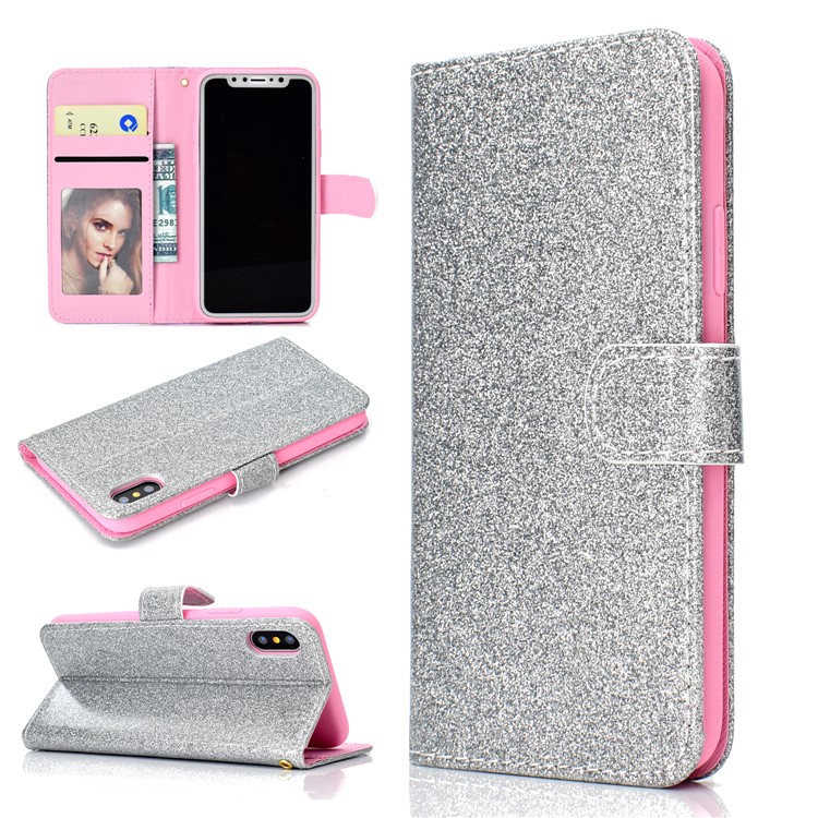 Glitter Powder Magnetic Stand Wallet PU Leather Cover for iPhone XS / X 5.8 inch - Silver-1