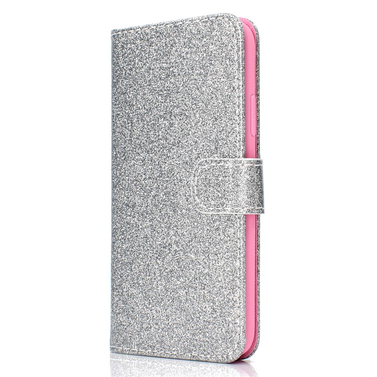 Glitter Powder Magnetic Stand Wallet PU Leather Cover for iPhone XS / X 5.8 inch - Silver-3