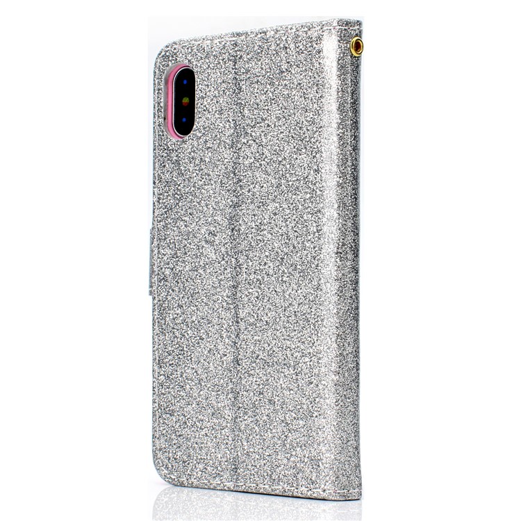 Glitter Powder Magnetic Stand Wallet PU Leather Cover for iPhone XS / X 5.8 inch - Silver-4